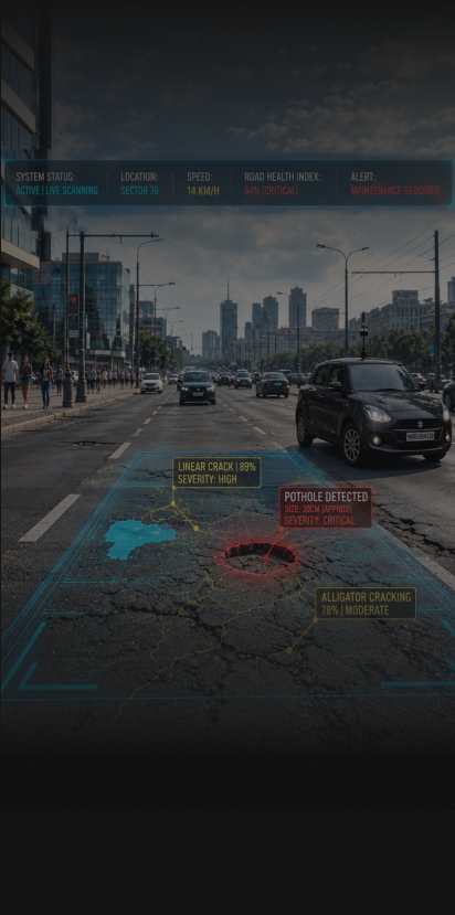 AI road monitoring vehicle identifying surface defects